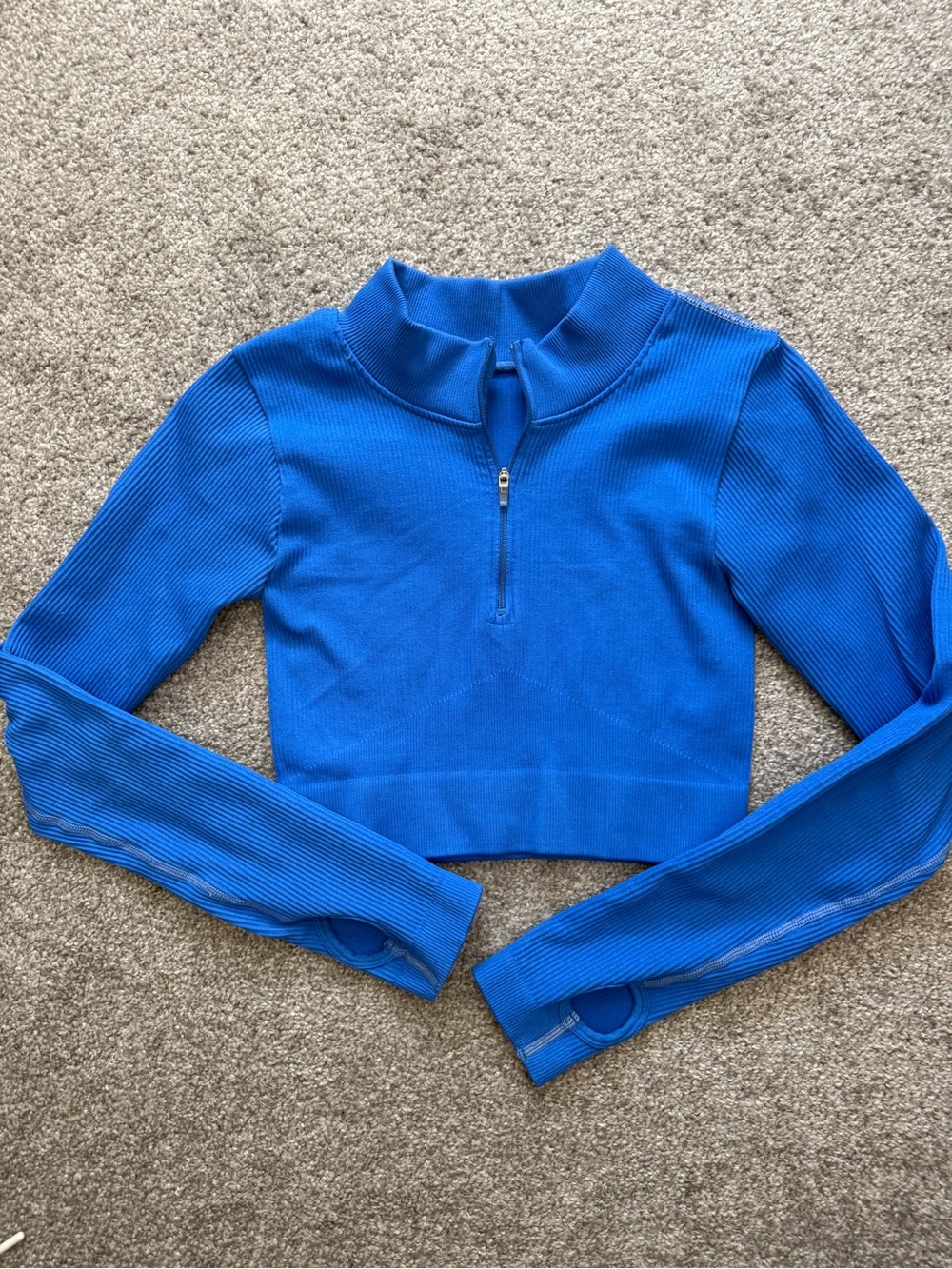 Amazon Blue Ribbed Half-Zip Crop Top